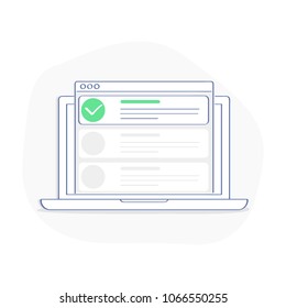 Checklist on laptop display, checkboxes with check mark. List of purchases, tasks, to do, CRM, wish list on the website concept. Flat outline vector design, premium quality trendy icon.