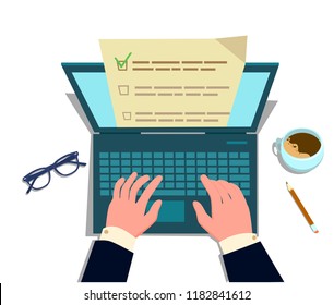 Checklist on laptop display, checkboxes with check mark. Vector illustration of a flat design.