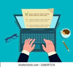 Checklist on laptop display, checkboxes with check mark. Vector illustration of a flat design.