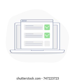 Lista de verificação na exibição do laptop, caixas de seleção com marca de seleção. Lista de compras, tarefas, para fazer, lista de desejos no conceito do site. Design vetorial de contorno plano, ícone moderno de qualidade premium.