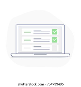 Checklist on laptop display, checkboxes with check mark. List of purchases, tasks, to do, wish list on the website concept. Flat outline vector design, premium quality trendy icon.