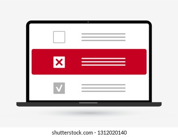 Checklist on the laptop display screen, checkboxes with cross mark in flat style icon. List of purchases, survey, to do list, tasks concept premium vector design for web site, banners, infographics.