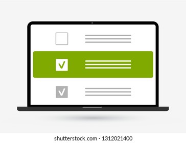 Checklist on the laptop display screen. Computer checkboxes with check mark in flat style icon. List of purchases, to do list, tasks, CRM premium vector design for web site, banners, infographics.