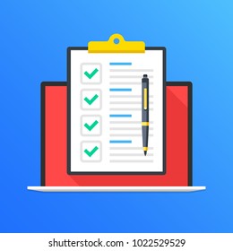 Checklist on laptop screen. Laptop and clipboard with green check marks and pen. Online survey, quiz, questionnaire concepts. Modern long shadow flat design graphic elements. Vector illustration