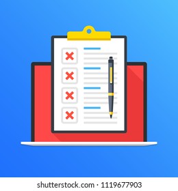 Checklist on laptop screen. Laptop and clipboard with red x marks, crosses and pen. Online survey, quiz, questionnaire concepts. Modern long shadow flat design graphic elements. Vector illustration