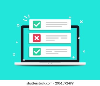 Lista de verificación en pantalla de portátil. EQuestionnaire test, control de lista de verificación. Vector de ilustración