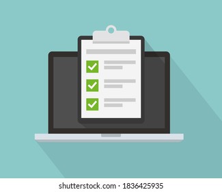 Checklist on laptop screen flat vector icon. Laptop and clipboard with checkbox, green check marks. To-do list, survey, exam concepts. Vector illustration.