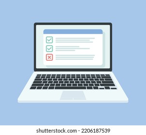 Checklist on the laptop screen. Isolated vector illustration in flat style. Design for web site, banners, infographics and so on.