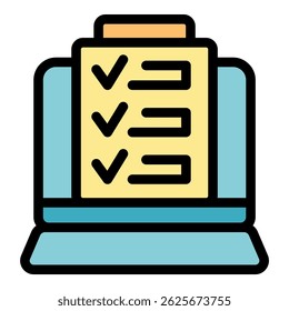 Lista de verificación en la pantalla del ordenador portátil que representa la Encuesta en línea, examen, cuestionario o prueba de opción múltiple