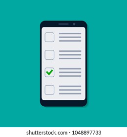 Checklist on the mobile phone screen. Vector isolated illustration in flat style.