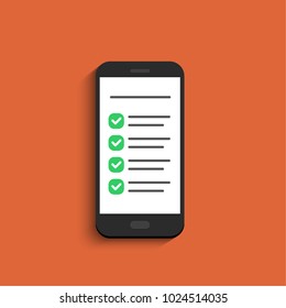 Checklist on the mobile screen. Isolated vector illustration in flat style. Design for web site, mobile app, banners, infographics and so on.