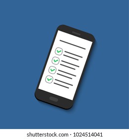 Checklist on the mobile screen. Isolated vector illustration in flat style. 