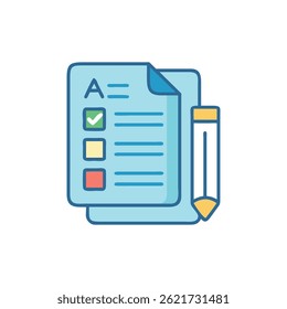 Una lista de verificación en papeles con un lápiz, que significa la gestión de tareas y el logro. Estilo de diseño plano.