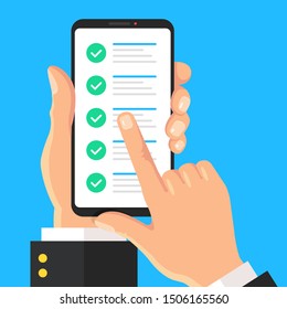 Checklist on phone screen. Hand holding mobile phone with check marks. Online survey, questionnaire, quiz, form with checkmarks concepts. Flat design. Vector illustration