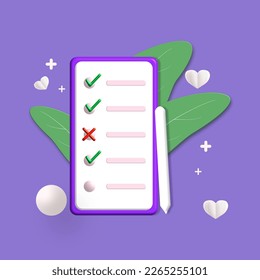 Checklist on a phone screen. Successful completion of business tasks. 3D Web Vector Illustrations.
