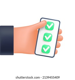 Checklist on the phone in the user's hand, 3d style for graphic design. Hand with phone in vector cartoon comic style.