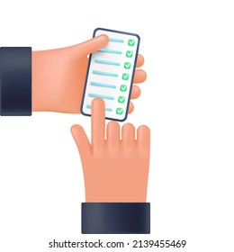 Lista de verificación en el teléfono de la mano del usuario, estilo 3d para diseño gráfico. Teléfono en manos en el estilo de historietas de dibujos vectoriales.