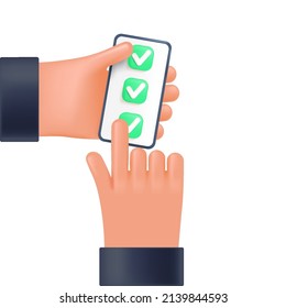 Lista de verificación en el teléfono de la mano del usuario, estilo 3d para diseño gráfico. Teléfono en manos en el estilo de historietas de dibujos vectoriales.