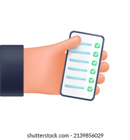 Checklist on the phone in the user's hand, 3d style for graphic design. Hand with phone in vector cartoon comic style.