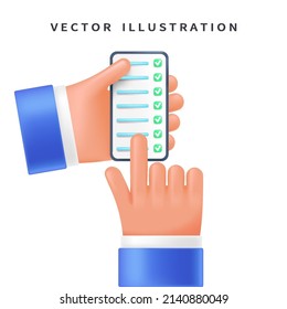 Checklist on the phone in the user's hand, 3d style for graphic design. Phone in hands in vector cartoon comic style.