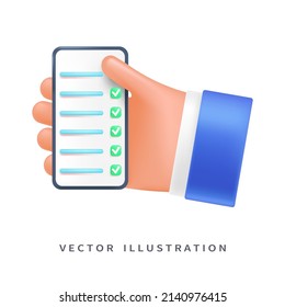 Checklist on the phone in the user's hand, 3d style for graphic design. Hand with phone in vector cartoon comic style.