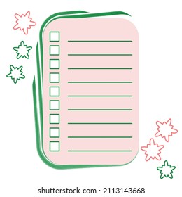 Lista de verificación en un fondo rosa en un marco verde abstracto con flores.