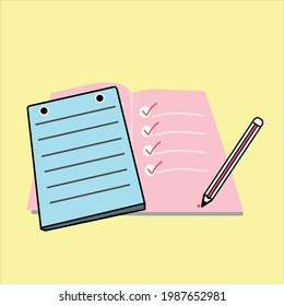 Checklist on pink notebook. Successful completion concept. Vector Illustrations