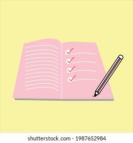 Checklist on pink notebook. Successful completion concept. Vector Illustrations