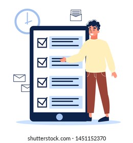 Checklist on the screen of mobile phone. Digital task application, personal organizer. Isolated vector illustration in cartoon style