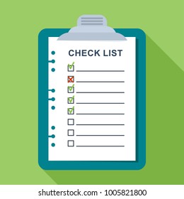 Checklist on a sheet of paper. Flat vector cartoon illustration. Objects isolated on white background.