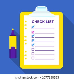 Checklist on a sheet of paper. Flat vector cartoon illustration. Objects isolated on white background.