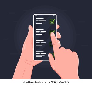 Checklist on smartphone display, checkboxes with check mark. List of purchases, tasks, to do, wish list on the website concept. 