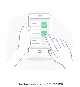 Checklist on smartphone display, checkboxes with check mark. List of purchases, tasks, to do, wish list on the website concept. Flat outline mobile vector design, premium quality trendy icon.