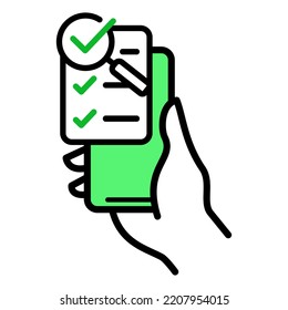 Checklist on smartphone screen icon. Hand holds mobile phone and check list, vector illustration
