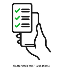 Checklist on smartphone screen icon. Hand holds mobile phone and check list, vector illustration