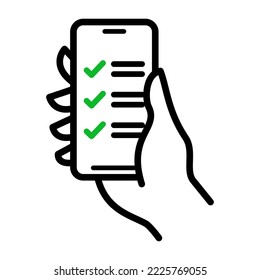 Checklist on smartphone screen icon. Hand holds mobile phone and check list, vector illustration