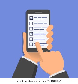 Checklist on smartphone screen. One hand holds smartphone and finger touch screen. Flat design vector illustration