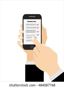 Checklist on smartphone screen. One hand holds smartphone and finger touch screen. Flat vector illustration.