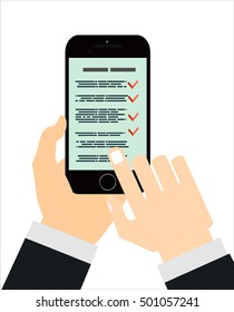 Checklist on smartphone screen. One hand holds smartphone and finger touch screen. Flat vector illustration.