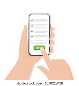 Checklist on smartphone screen. Online survey concept. Hand holds mobile phone and check list with checkboxes and checkmark. Icon for mobile app design. Vector illustration.