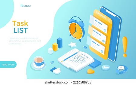 Checklist on smartphone screen. Task manager app. List of purchases, tasks, plans, to do, wish list. Isometric vector illustration for website.	
