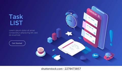 Checklist on smartphone screen. Task manager app. List of purchases, tasks, plans, to do, wish list. Isometric landing page. Vector web banner.	
