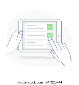 Lista de verificação na tela do tablet, caixas de seleção com marca de seleção. Lista de compras, tarefas, para fazer, lista de desejos no conceito do site. Design vetorial de contorno plano, ícone moderno de qualidade premium.