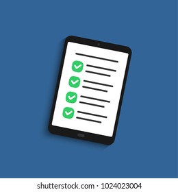 Checklist on the tablet screen. Isolated vector illustration in flat style. Design for web site, mobile app, banners, infographics and so on.