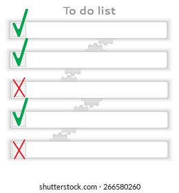 Checklist on a white background with gears. A list with checkboxes for notes, questionnaires, consent, voting choice.