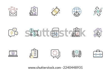 Checklist, Online question and Report line icons for website, printing. Collection of Love mail, Recovery data, Portfolio icons. Website education, Ranking, Video file web elements. Vector