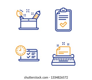 Checklist, Online test and Creativity concept icons simple set. Typewriter sign. Survey, Examination, Graphic art. Instruction. Technology set. Linear checklist icon. Colorful design set. Vector
