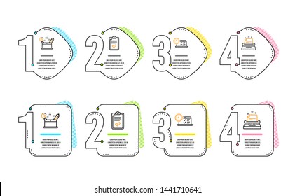 Checklist, Online test and Creativity concept icons simple set. Typewriter sign. Survey, Examination, Graphic art. Instruction. Technology set. Infographic timeline. Line checklist icon. Vector