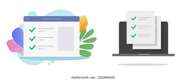 Checklist online web task questionnaire vector, digital website todo check list app flat illustration, test results exam form icon, survey poll application on laptop computer graphic