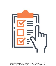 Checklist orange icon. Motivation and goal setting, employee checks completed tasks, monitors work efficiency. Time management, business and entrepreneurship. Cartoon flat vector illustration